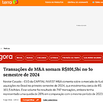 Transaes de M&A somam R$101,5bi no 1o semestre de 2024